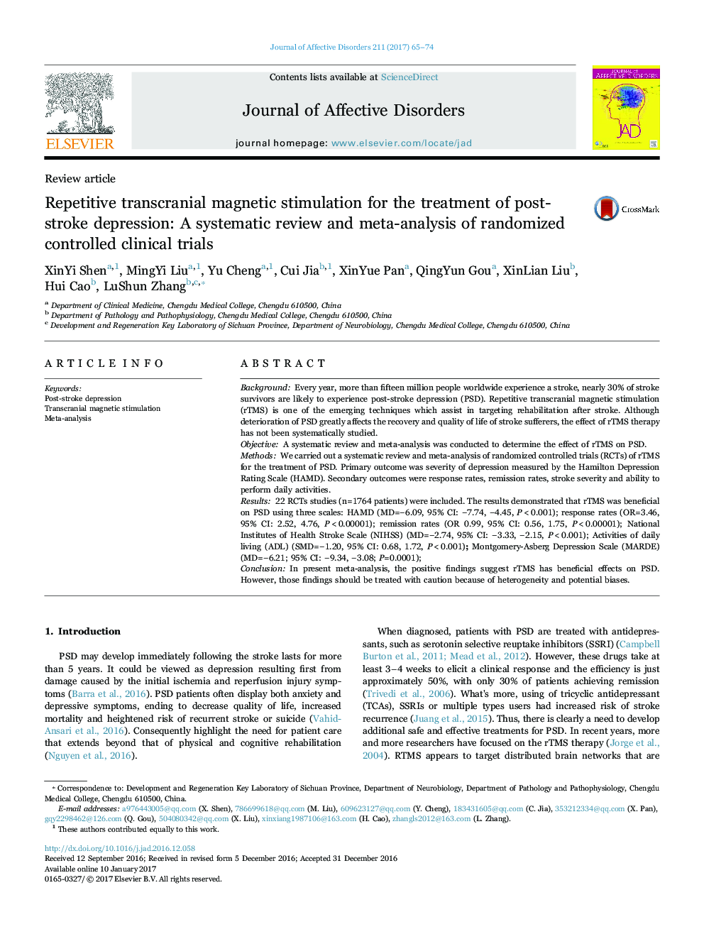 Review articleRepetitive transcranial magnetic stimulation for the treatment of post-stroke depression: A systematic review and meta-analysis of randomized controlled clinical trials