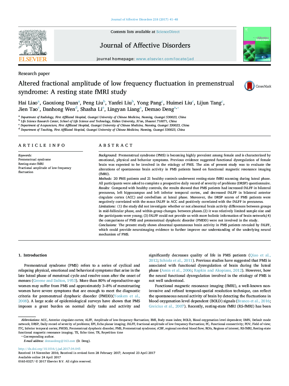 Research paperAltered fractional amplitude of low frequency fluctuation in premenstrual syndrome: A resting state fMRI study