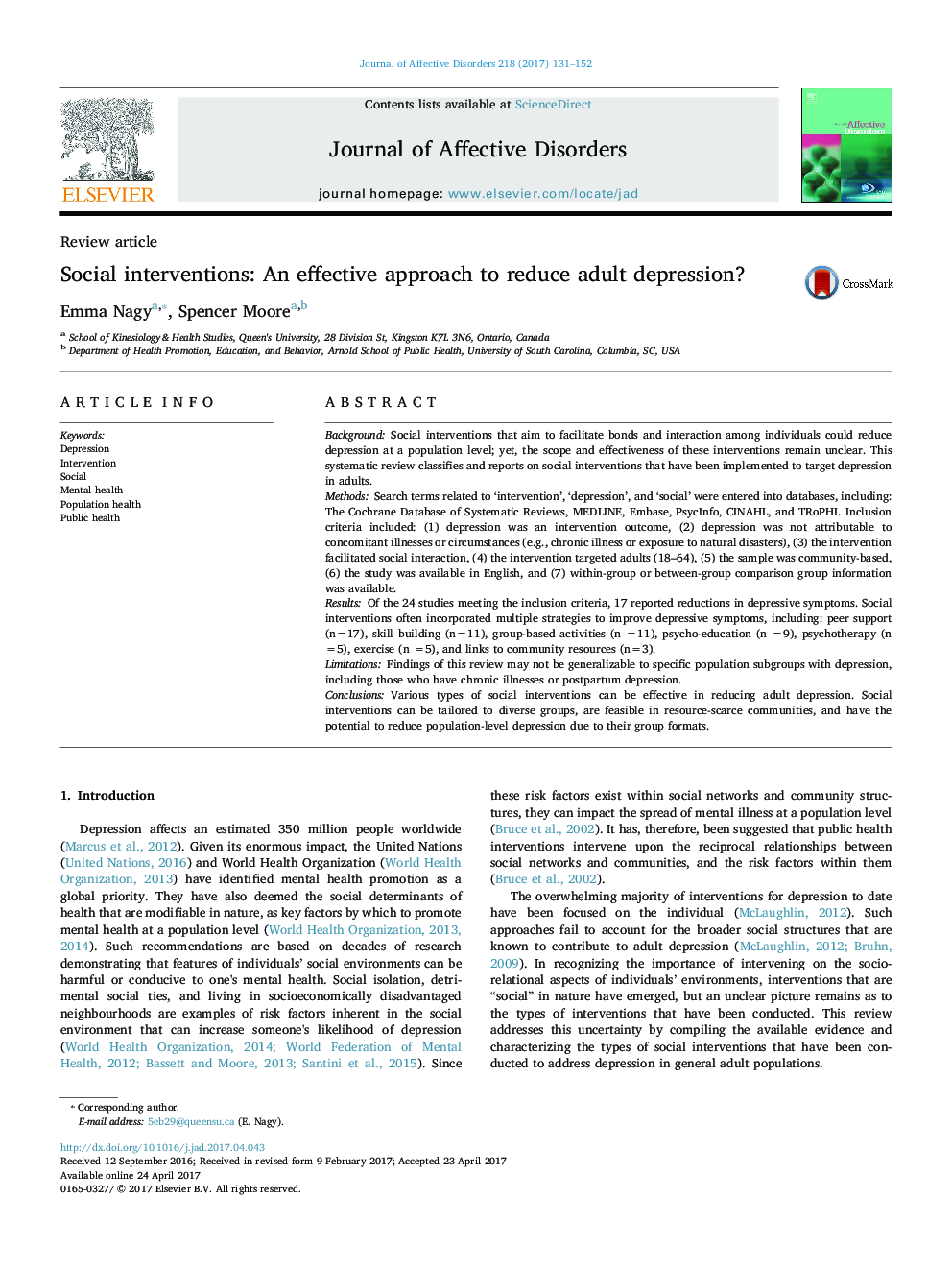 Review articleSocial interventions: An effective approach to reduce adult depression?