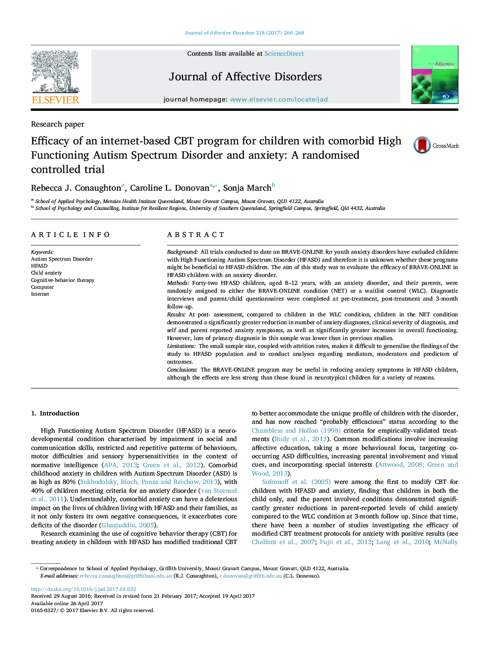 Research paperEfficacy of an internet-based CBT program for children with comorbid High Functioning Autism Spectrum Disorder and anxiety: A randomised controlled trial