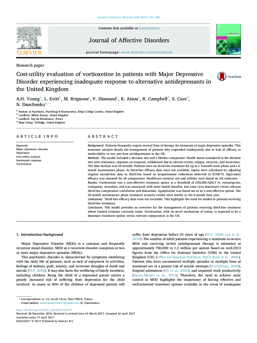 Research paperCost-utility evaluation of vortioxetine in patients with Major Depressive Disorder experiencing inadequate response to alternative antidepressants in the United Kingdom