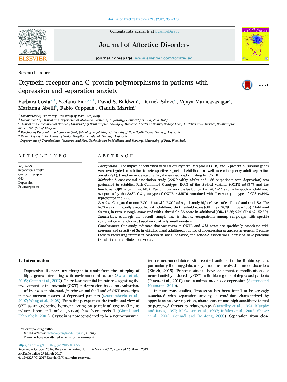 Research paperOxytocin receptor and G-protein polymorphisms in patients with depression and separation anxiety