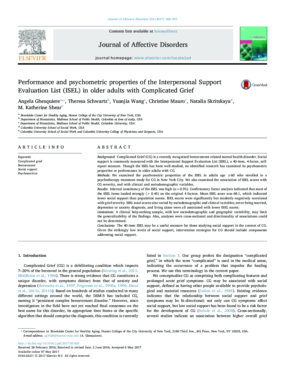 Performance and psychometric properties of the Interpersonal Support Evaluation List (ISEL) in older adults with Complicated Grief