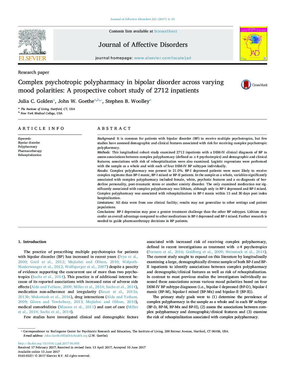 Research paperComplex psychotropic polypharmacy in bipolar disorder across varying mood polarities: A prospective cohort study of 2712 inpatients