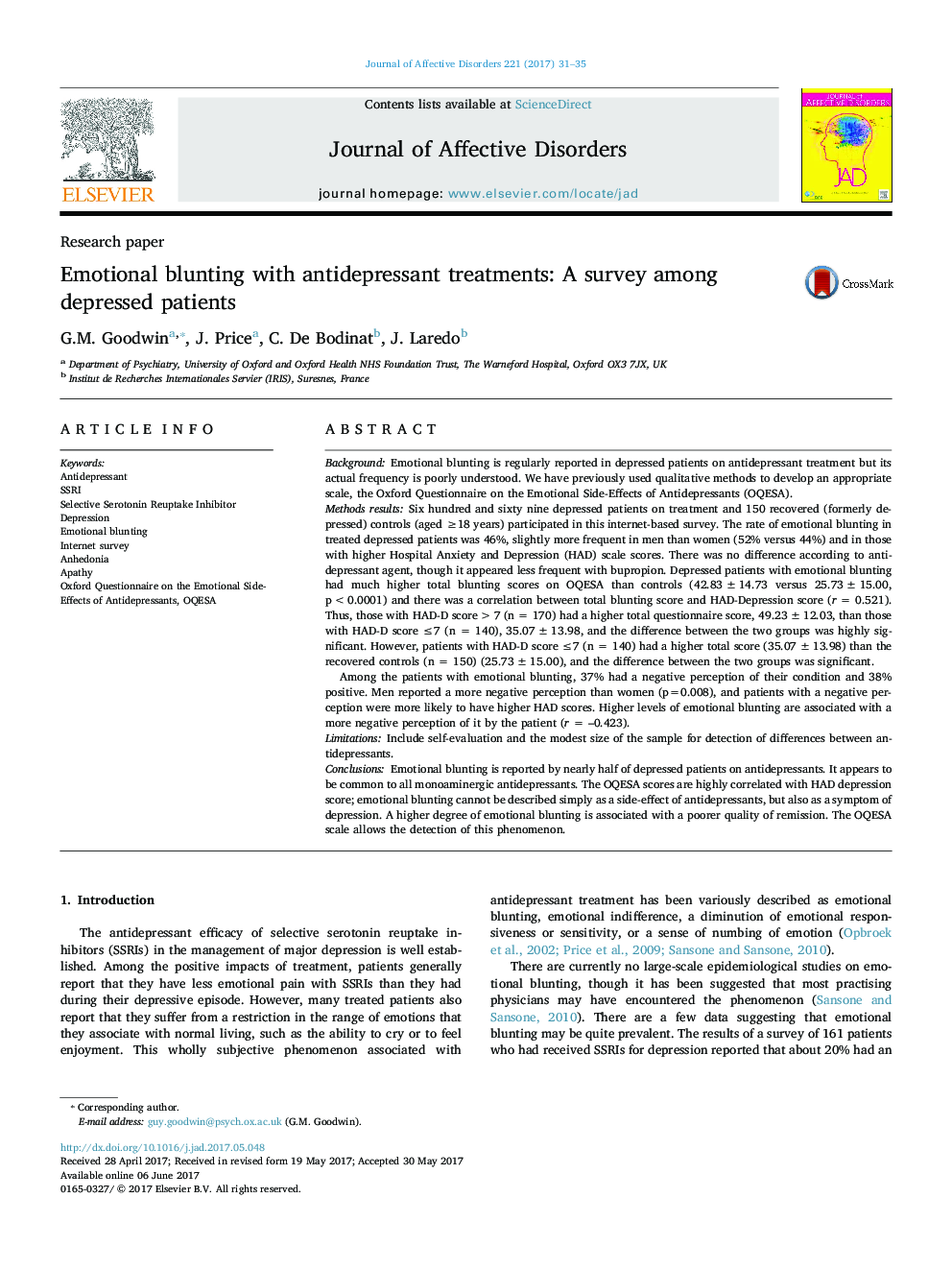 Research paperEmotional blunting with antidepressant treatments: A survey among depressed patients