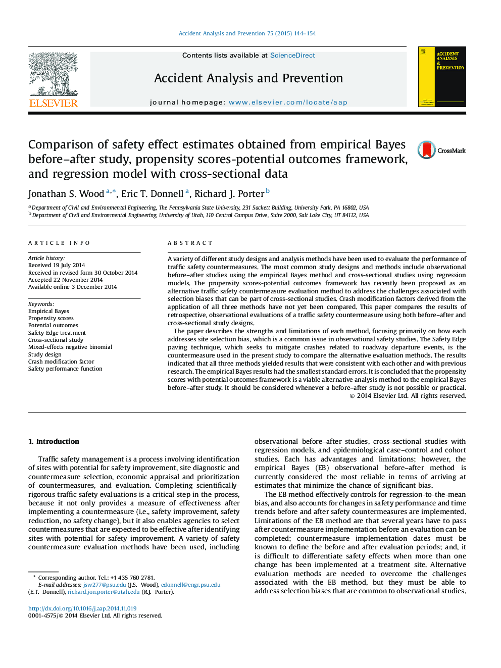 Comparison of safety effect estimates obtained from empirical Bayes before–after study, propensity scores-potential outcomes framework, and regression model with cross-sectional data