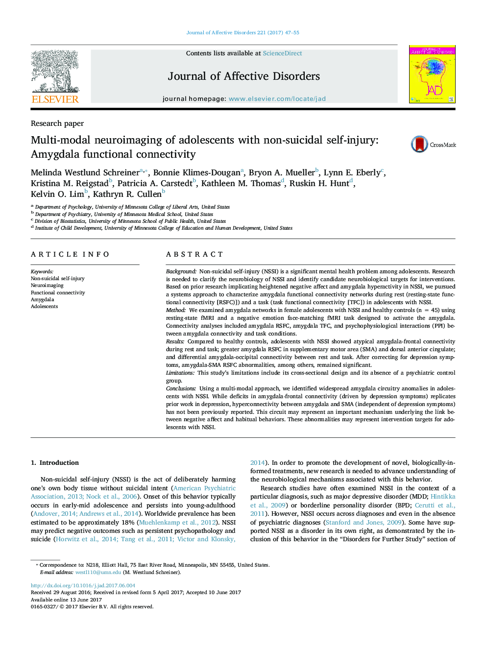 Research paperMulti-modal neuroimaging of adolescents with non-suicidal self-injury: Amygdala functional connectivity