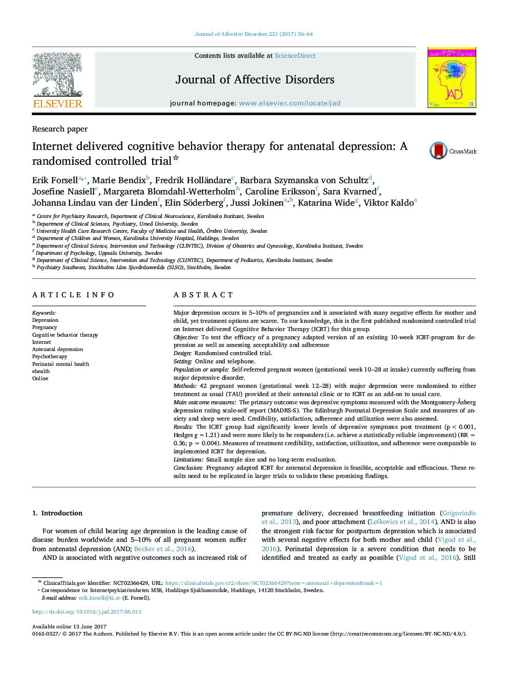 Research paperInternet delivered cognitive behavior therapy for antenatal depression: A randomised controlled trial