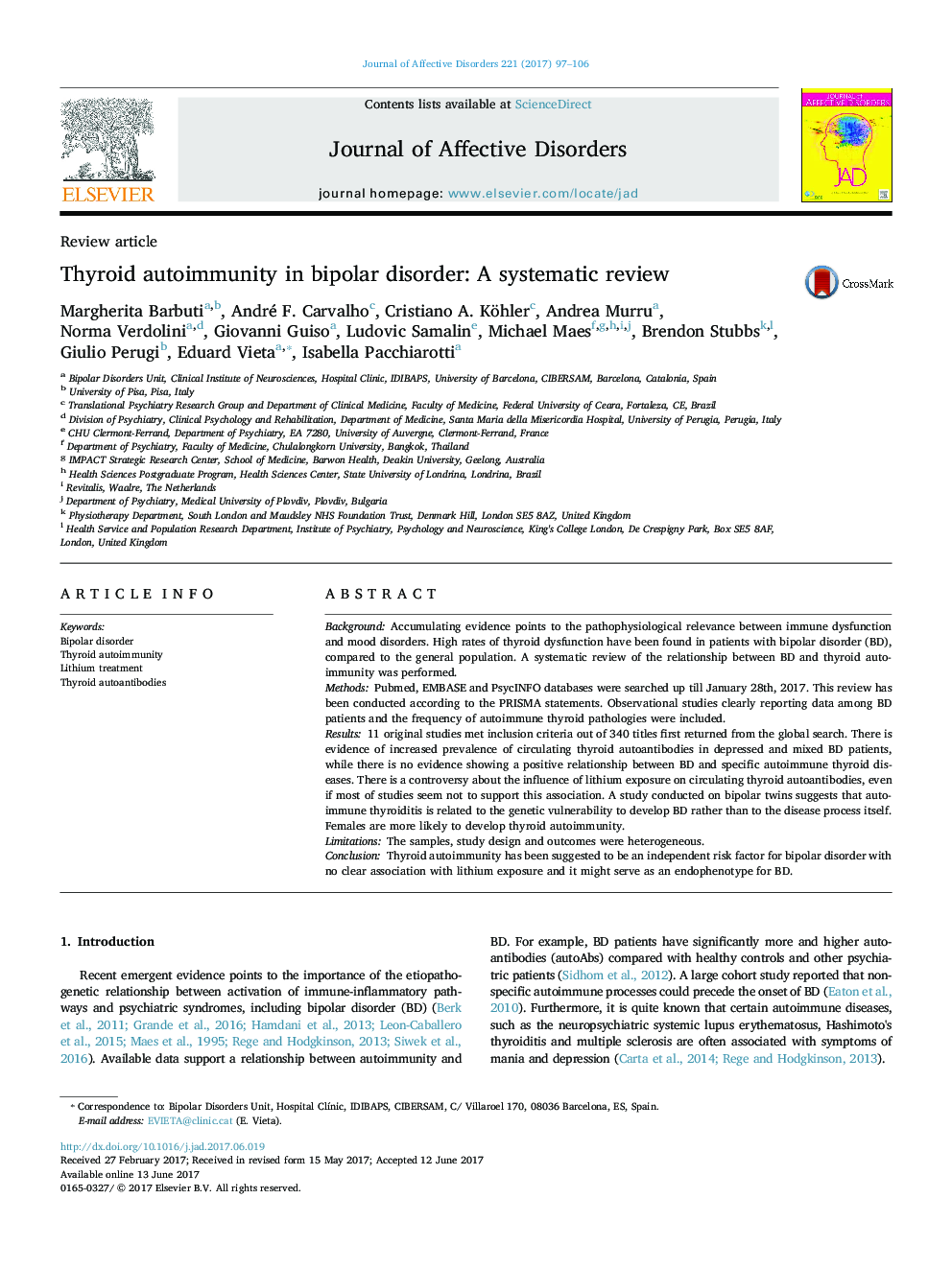 Review articleThyroid autoimmunity in bipolar disorder: A systematic review