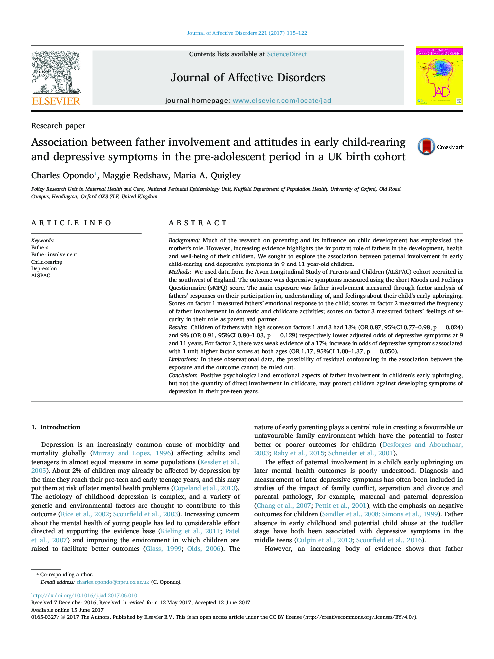 Research paperAssociation between father involvement and attitudes in early child-rearing and depressive symptoms in the pre-adolescent period in a UK birth cohort