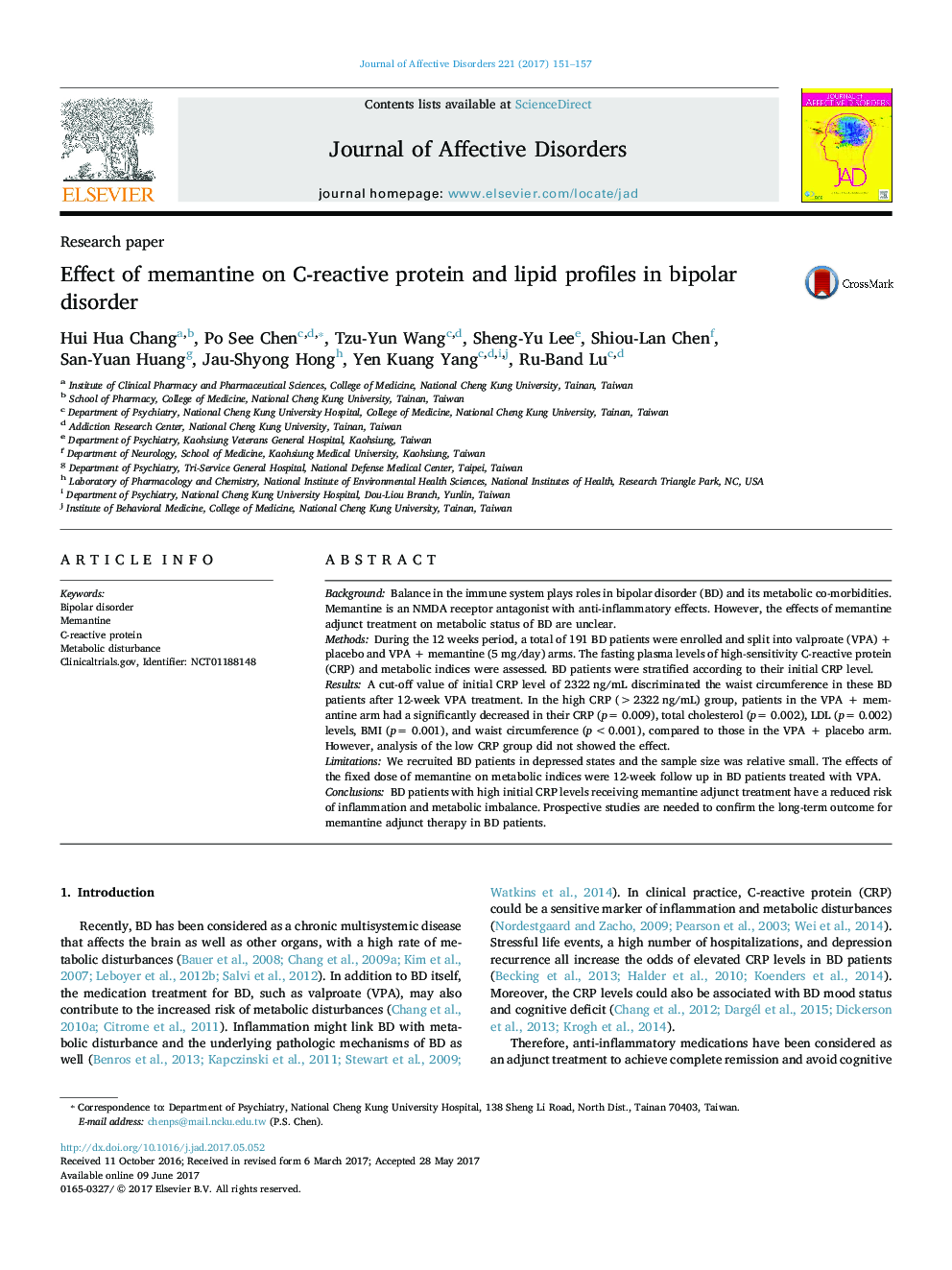 Research paperEffect of memantine on C-reactive protein and lipid profiles in bipolar disorder