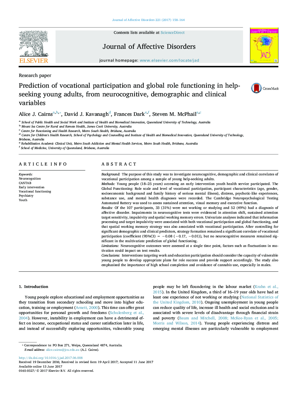 Research paperPrediction of vocational participation and global role functioning in help-seeking young adults, from neurocognitive, demographic and clinical variables