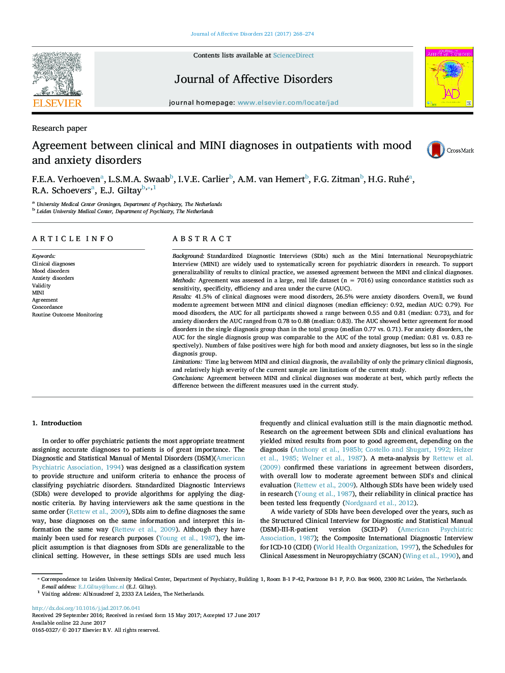 Research paperAgreement between clinical and MINI diagnoses in outpatients with mood and anxiety disorders