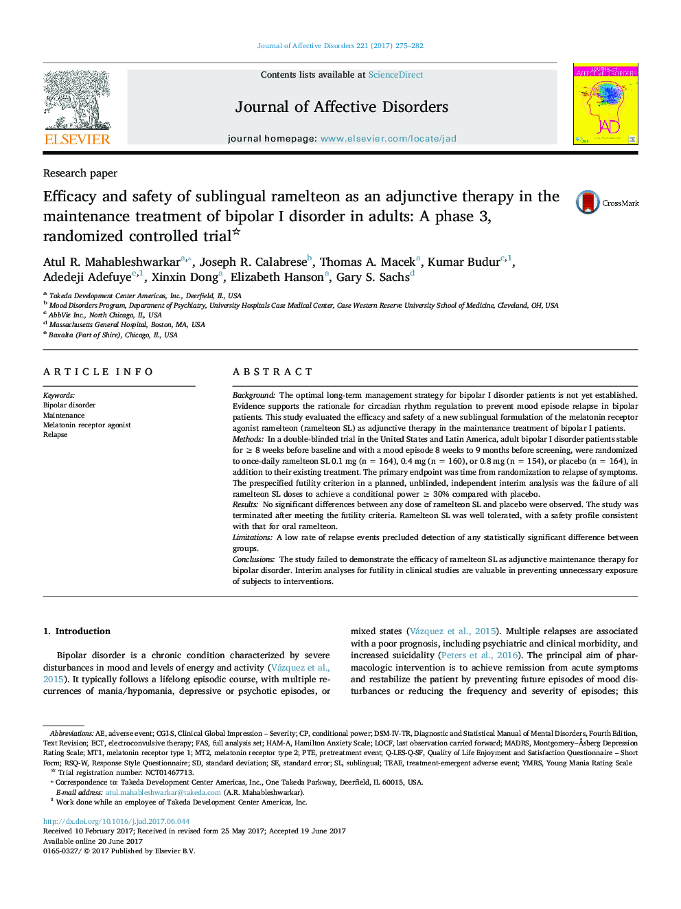 Research paperEfficacy and safety of sublingual ramelteon as an adjunctive therapy in the maintenance treatment of bipolar I disorder in adults: A phase 3, randomized controlled trial