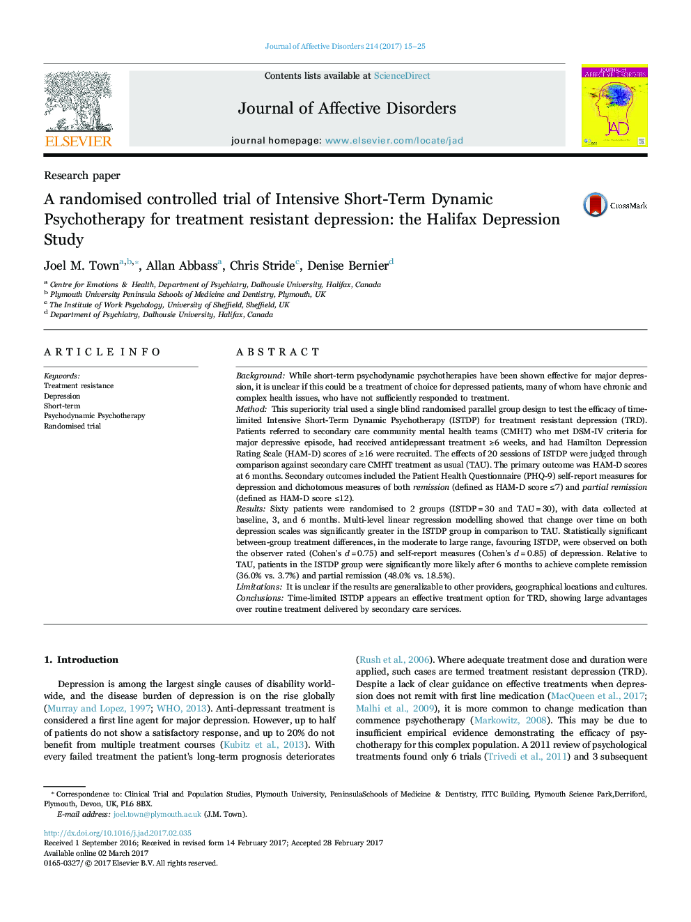 Research paperA randomised controlled trial of Intensive Short-Term Dynamic Psychotherapy for treatment resistant depression: the Halifax Depression Study