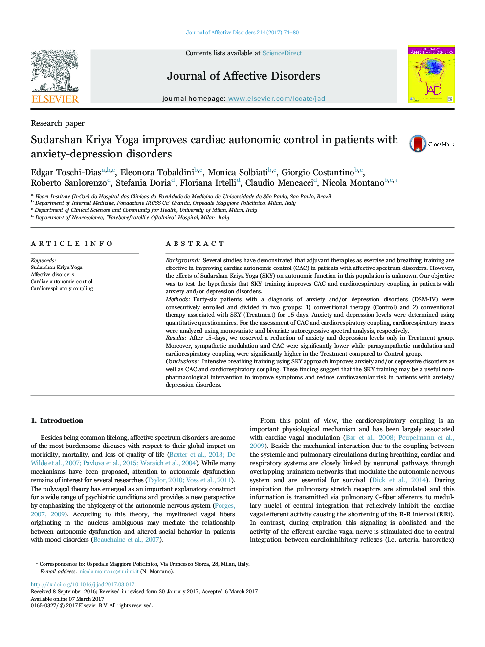 Research paperSudarshan Kriya Yoga improves cardiac autonomic control in patients with anxiety-depression disorders