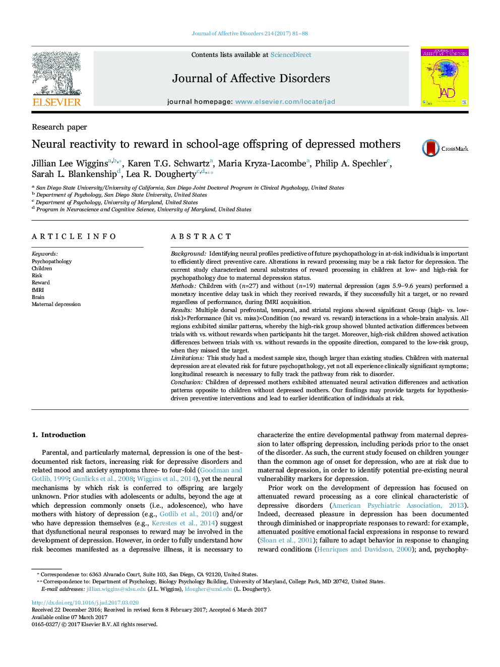 Research paperNeural reactivity to reward in school-age offspring of depressed mothers