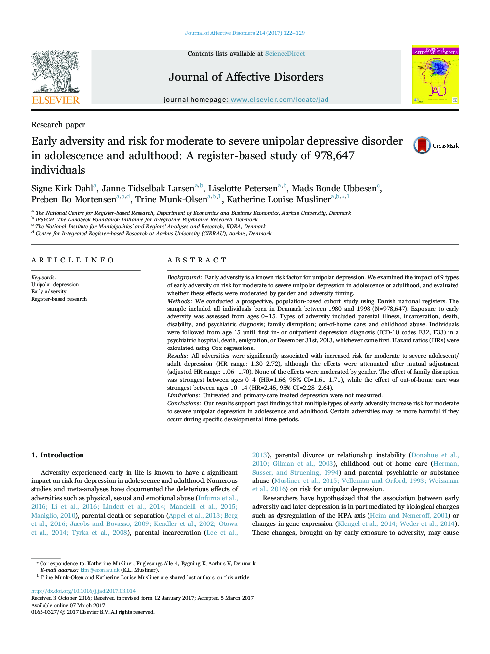 Research paperEarly adversity and risk for moderate to severe unipolar depressive disorder in adolescence and adulthood: A register-based study of 978,647 individuals