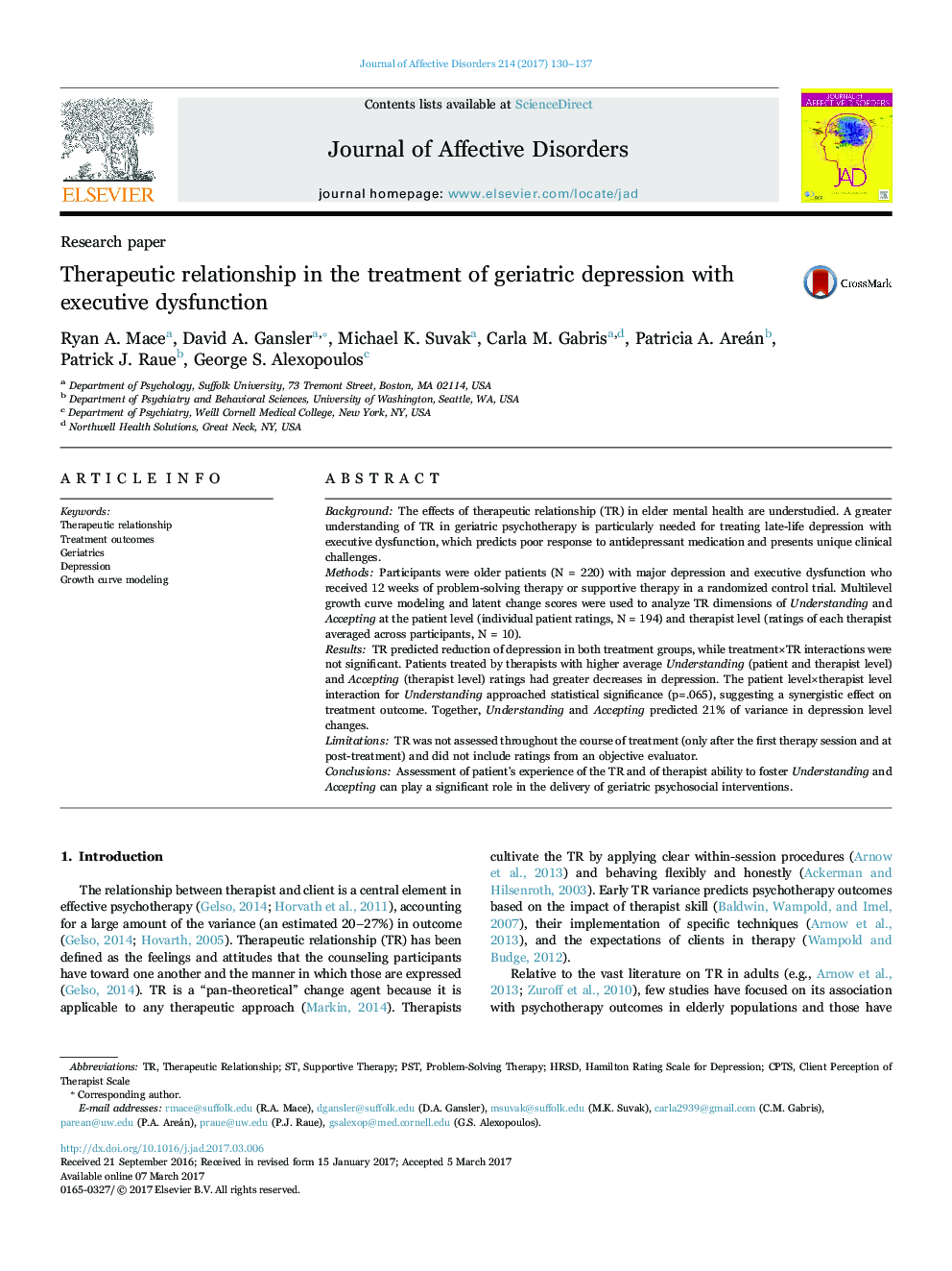 Research paperTherapeutic relationship in the treatment of geriatric depression with executive dysfunction