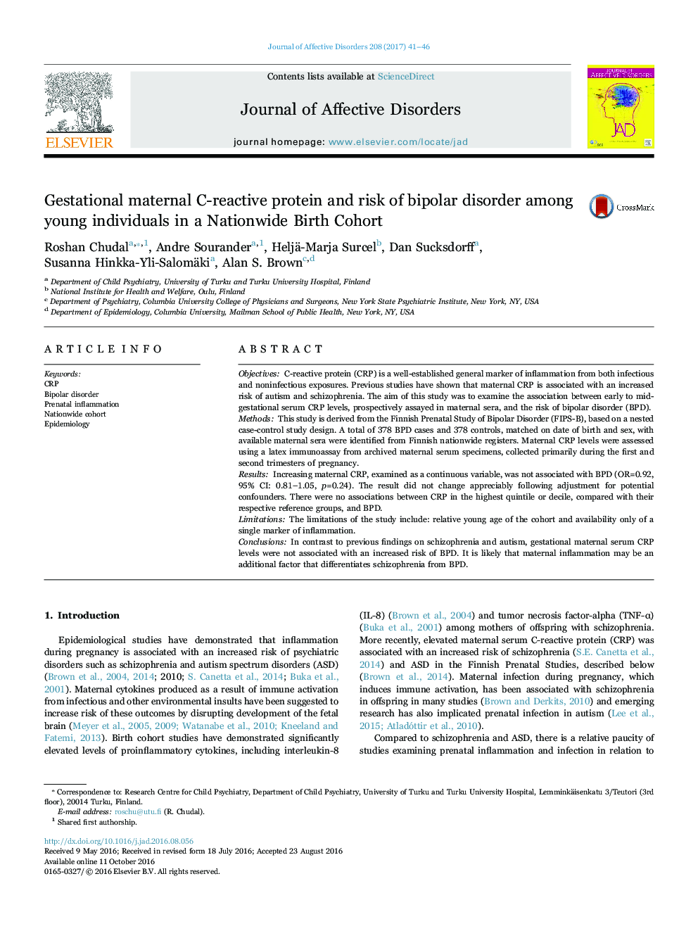 Gestational maternal C-Â­reactive protein and risk of bipolar disorder among young individuals in a Nationwide Birth Cohort