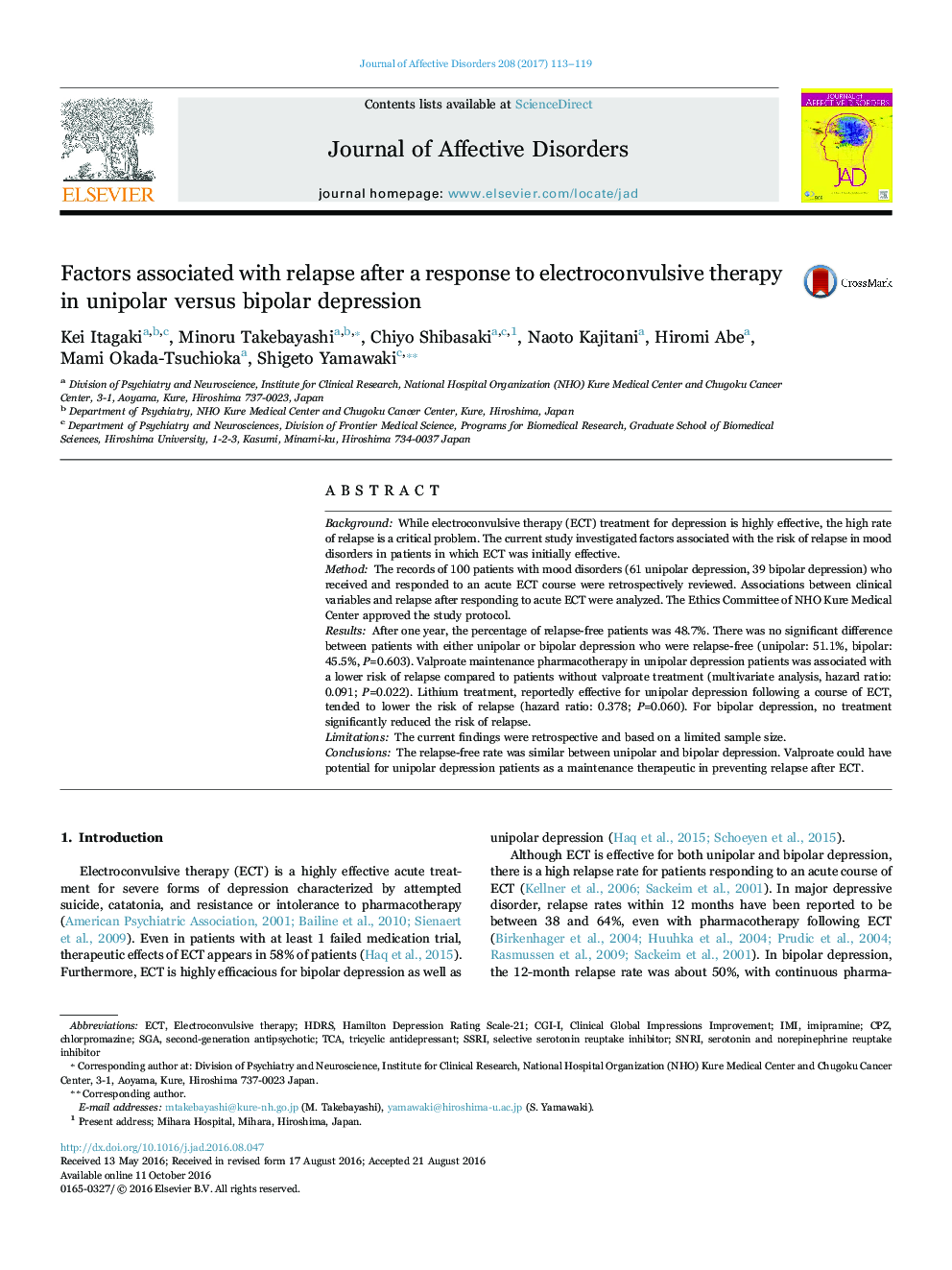Factors associated with relapse after a response to electroconvulsive therapy in unipolar versus bipolar depression