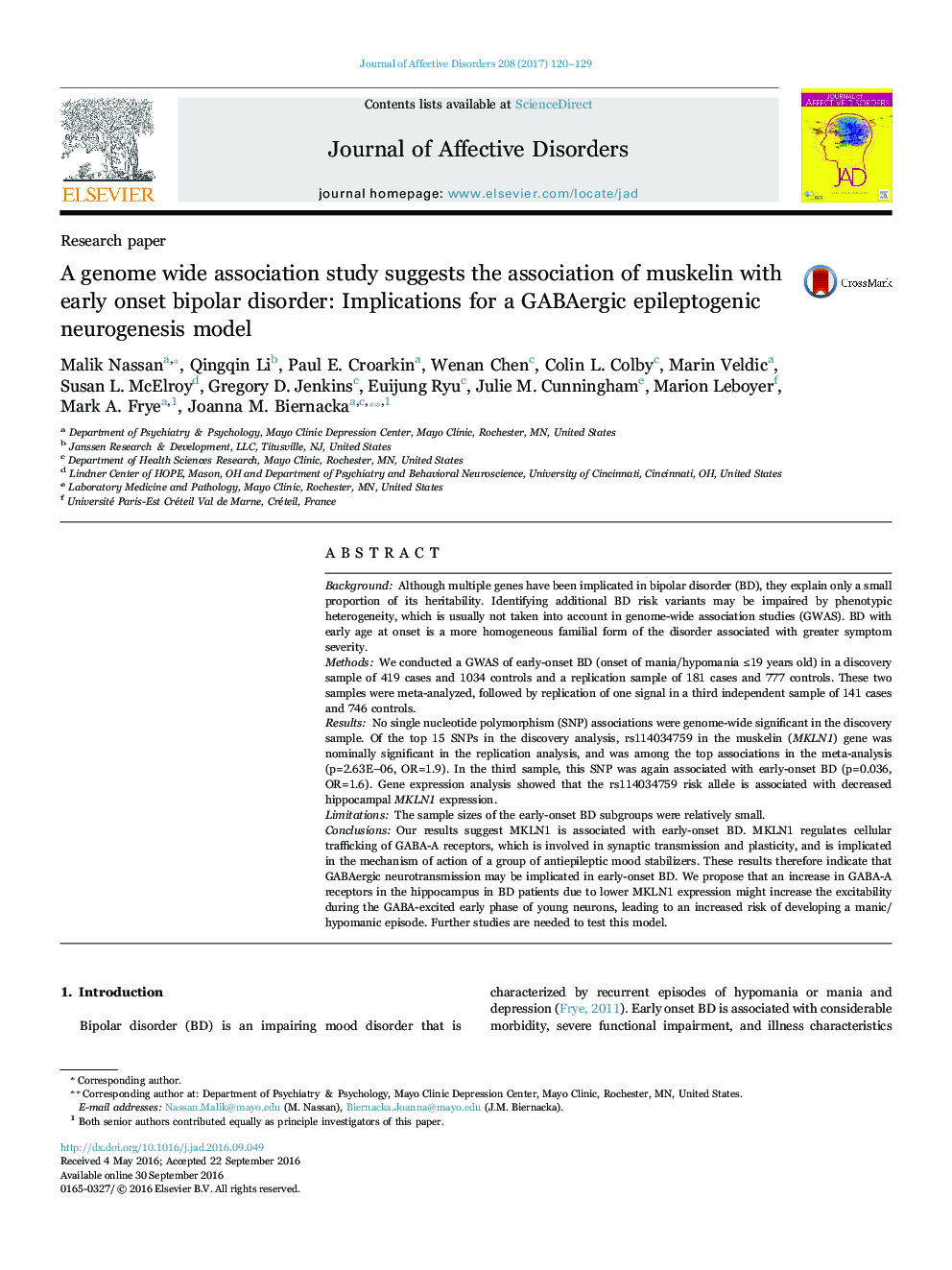 عکس صفحه اول مقاله: Research paperA genome wide association study suggests the association of muskelin with early onset bipolar disorder: Implications for a GABAergic epileptogenic neurogenesis model Research paperA genome wide association study suggests the association of muskelin with early onset bipolar disorder: Implications for a GABAergic epileptogenic neurogenesis model