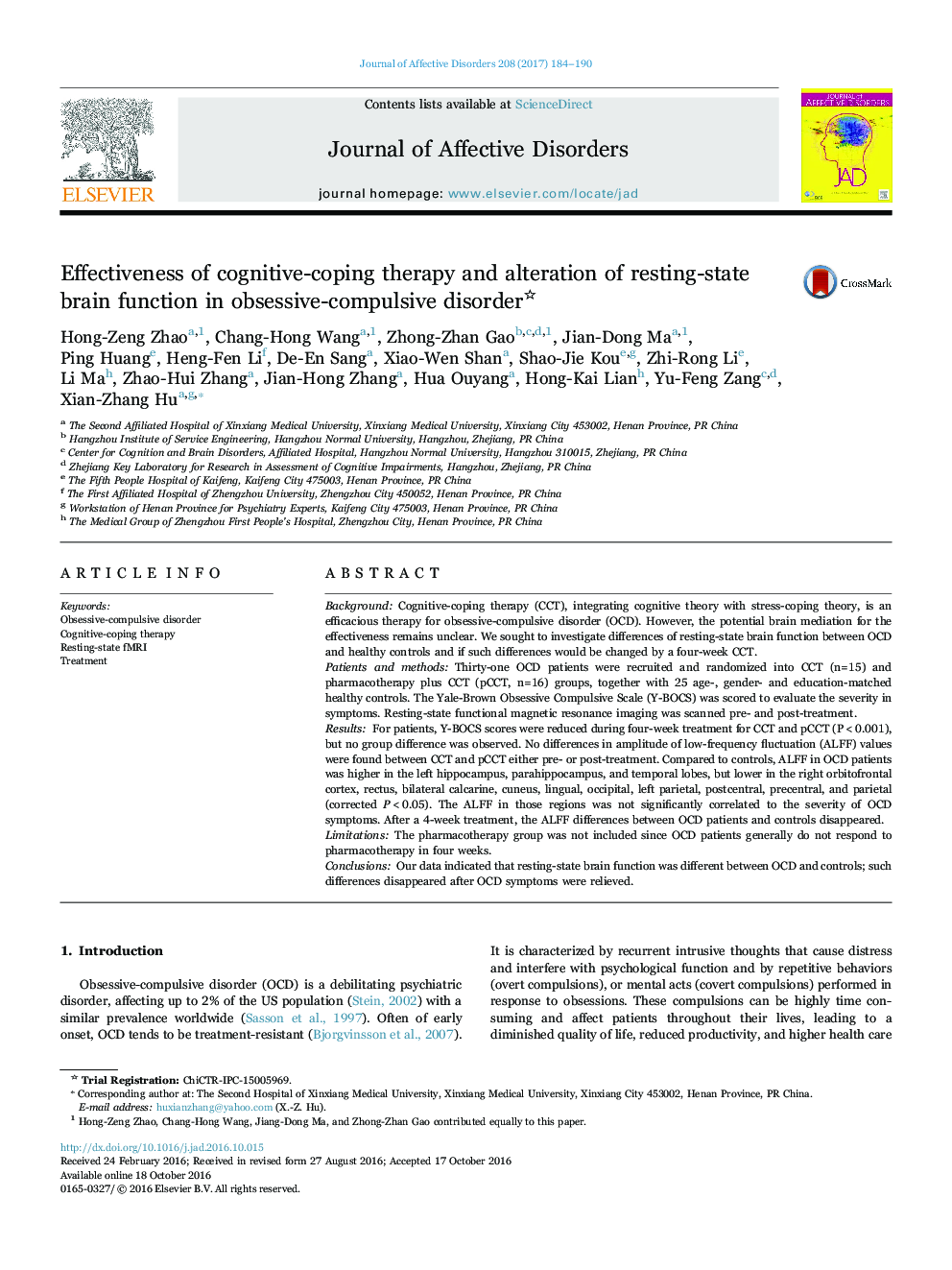 Effectiveness of cognitive-coping therapy and alteration of resting-state brain function in obsessive-compulsive disorder