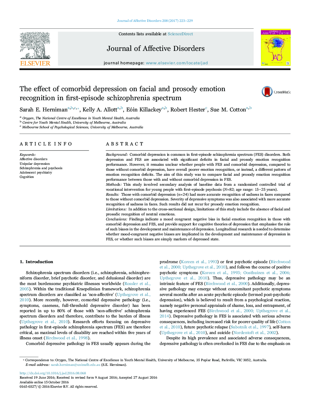 The effect of comorbid depression on facial and prosody emotion recognition in first-episode schizophrenia spectrum