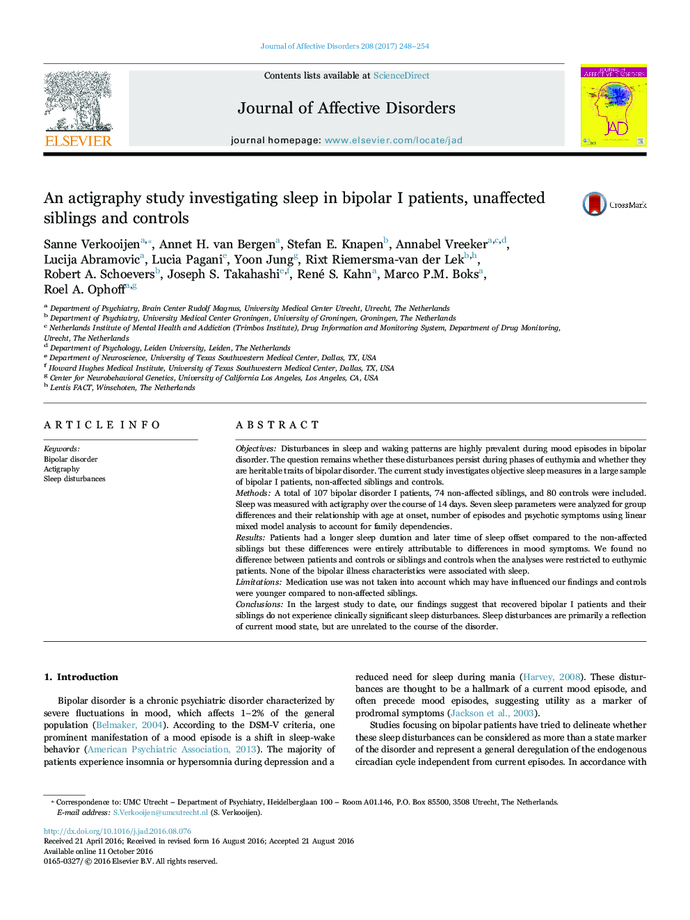 An actigraphy study investigating sleep in bipolar I patients, unaffected siblings and controls