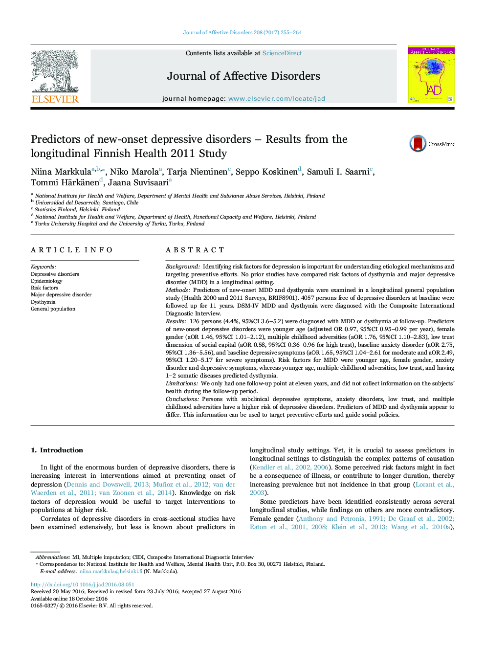 Predictors of new-onset depressive disorders - Results from the longitudinal Finnish Health 2011 Study