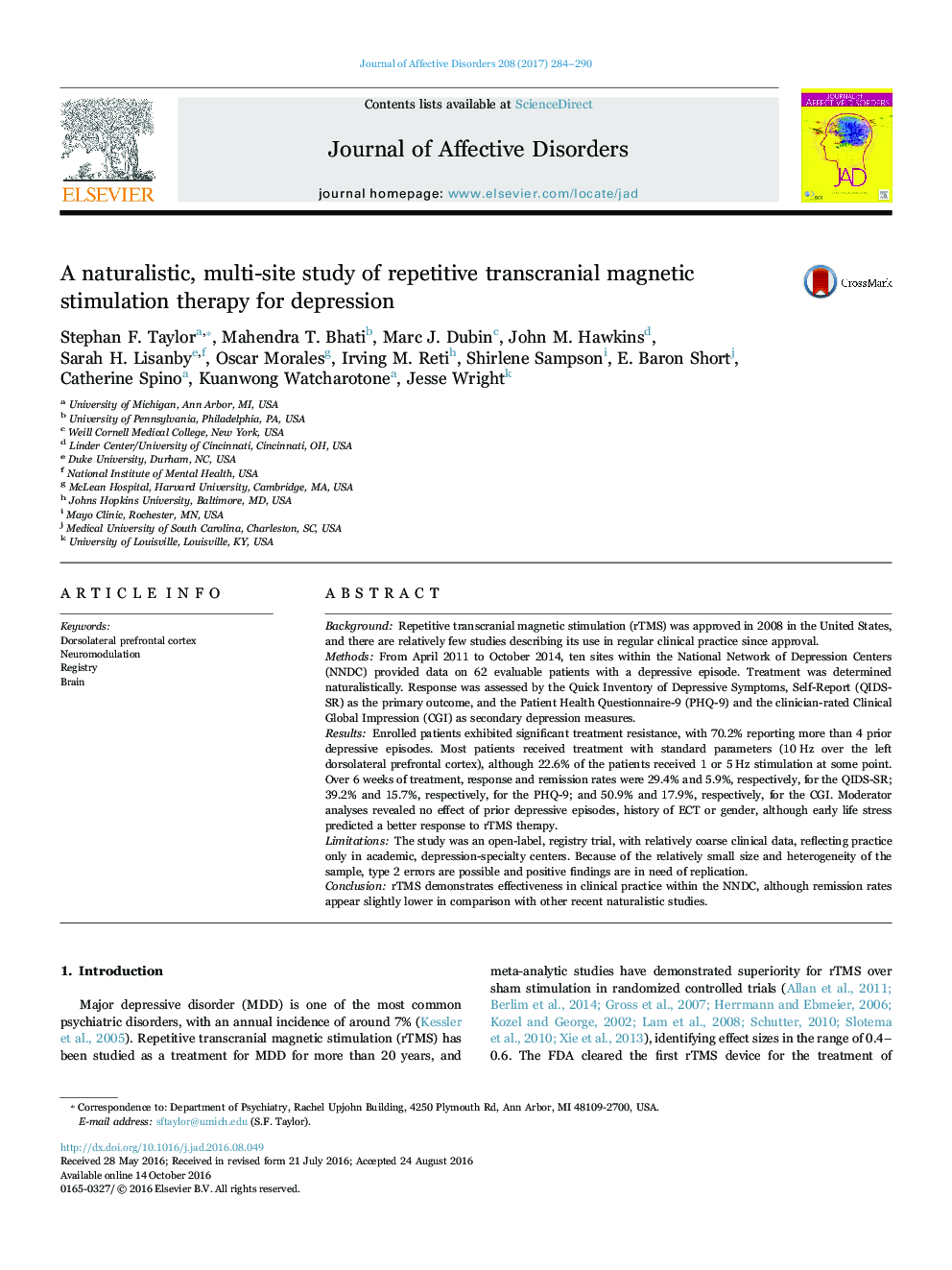 A naturalistic, multi-site study of repetitive transcranial magnetic stimulation therapy for depression