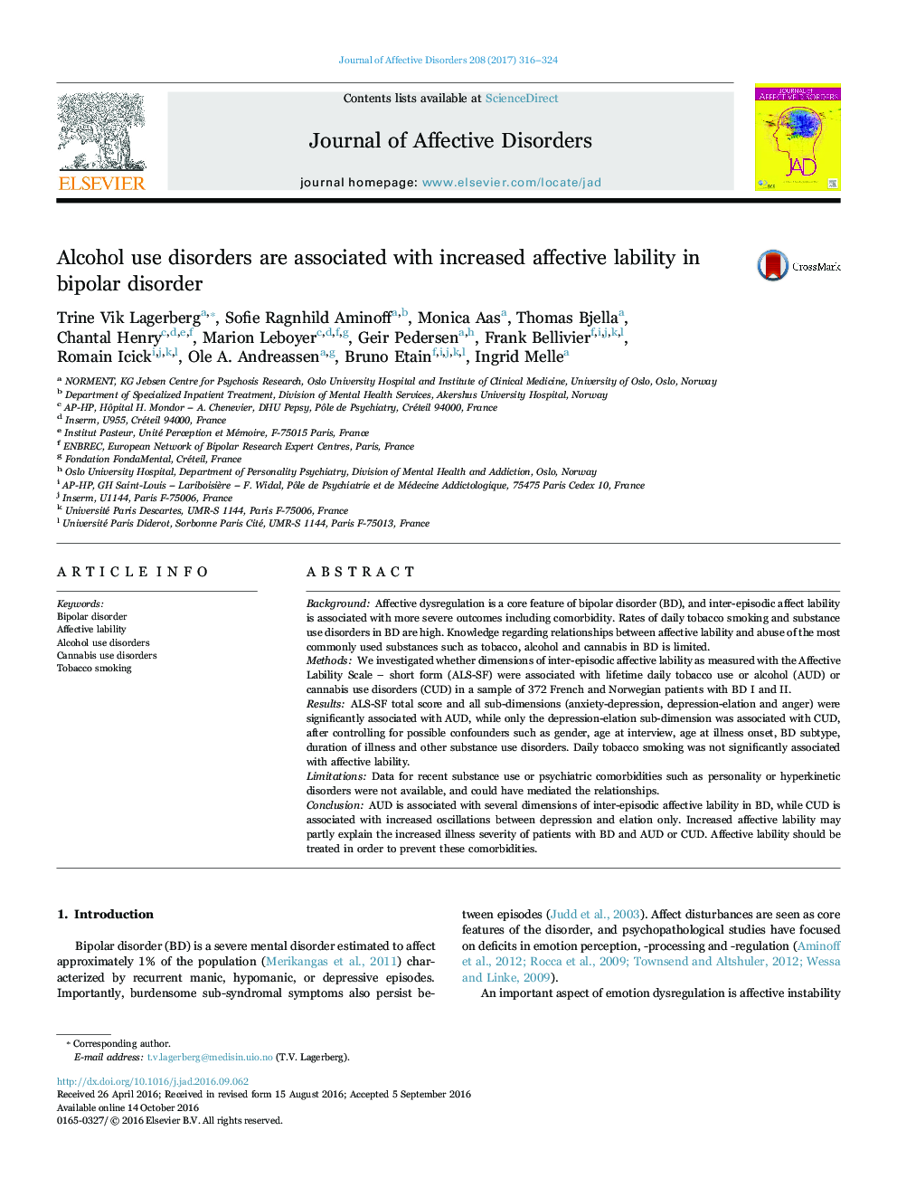 Alcohol use disorders are associated with increased affective lability in bipolar disorder