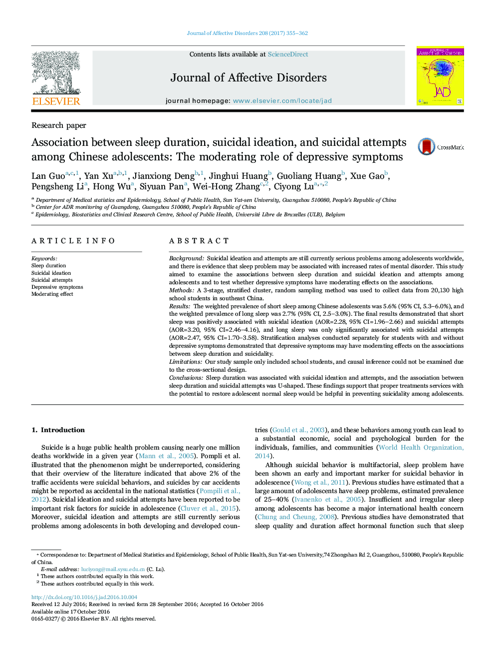 Research paperAssociation between sleep duration, suicidal ideation, and suicidal attempts among Chinese adolescents: The moderating role of depressive symptoms