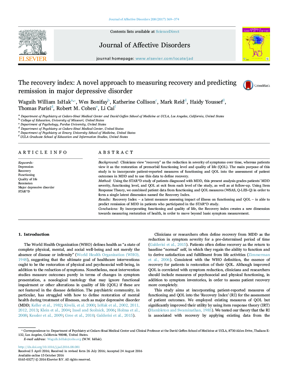 The recovery index: A novel approach to measuring recovery and predicting remission in major depressive disorder