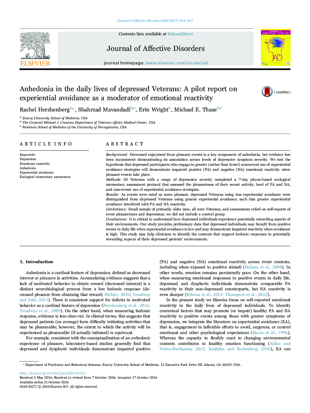 Anhedonia in the daily lives of depressed Veterans: A pilot report on experiential avoidance as a moderator of emotional reactivity