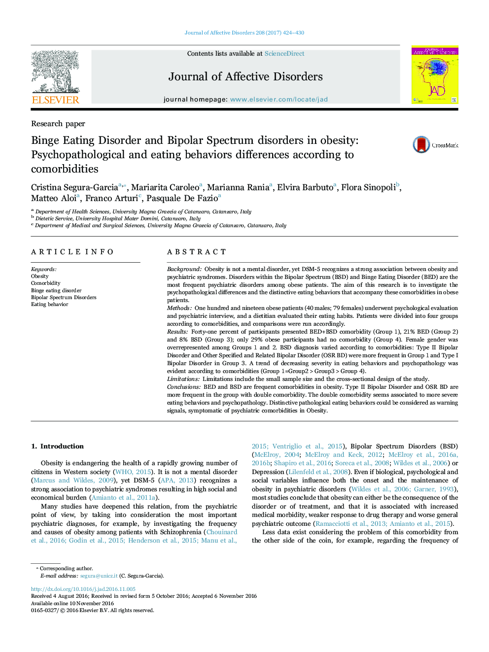 Research paperBinge Eating Disorder and Bipolar Spectrum disorders in obesity: Psychopathological and eating behaviors differences according to comorbidities