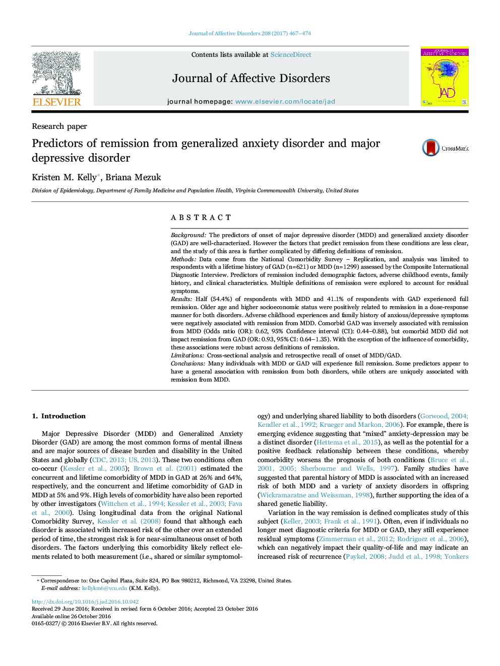 Research paperPredictors of remission from generalized anxiety disorder and major depressive disorder