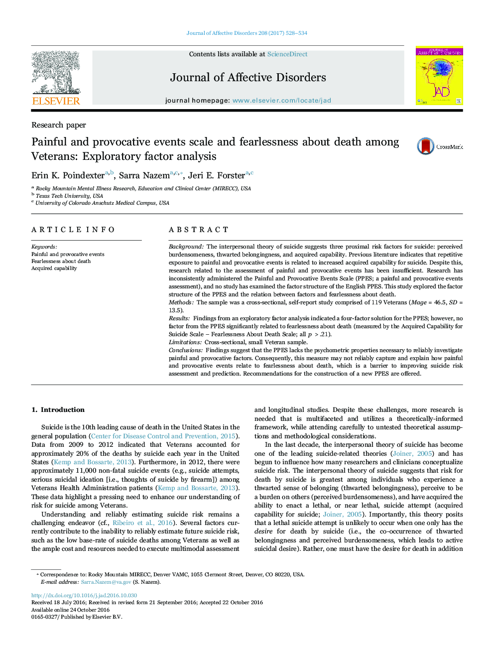 Research paperPainful and provocative events scale and fearlessness about death among Veterans: Exploratory factor analysis