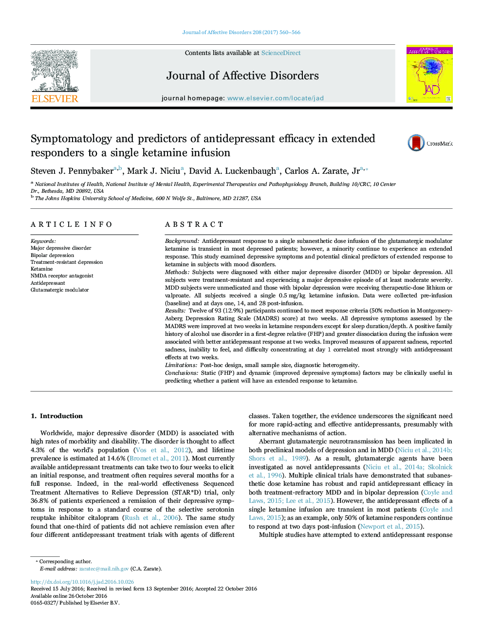 Symptomatology and predictors of antidepressant efficacy in extended responders to a single ketamine infusion