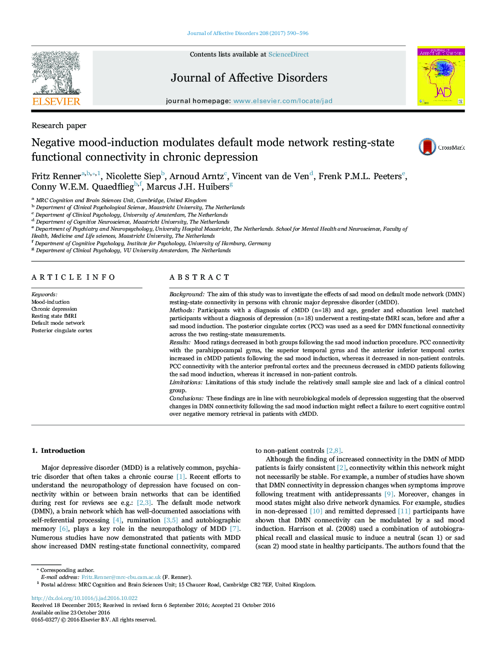 Research paperNegative mood-induction modulates default mode network resting-state functional connectivity in chronic depression