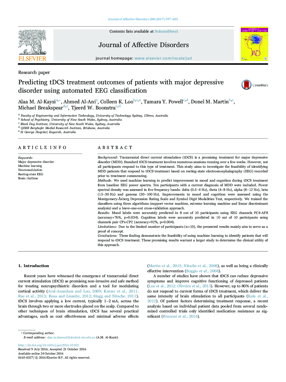 Research paperPredicting tDCS treatment outcomes of patients with major depressive disorder using automated EEG classification