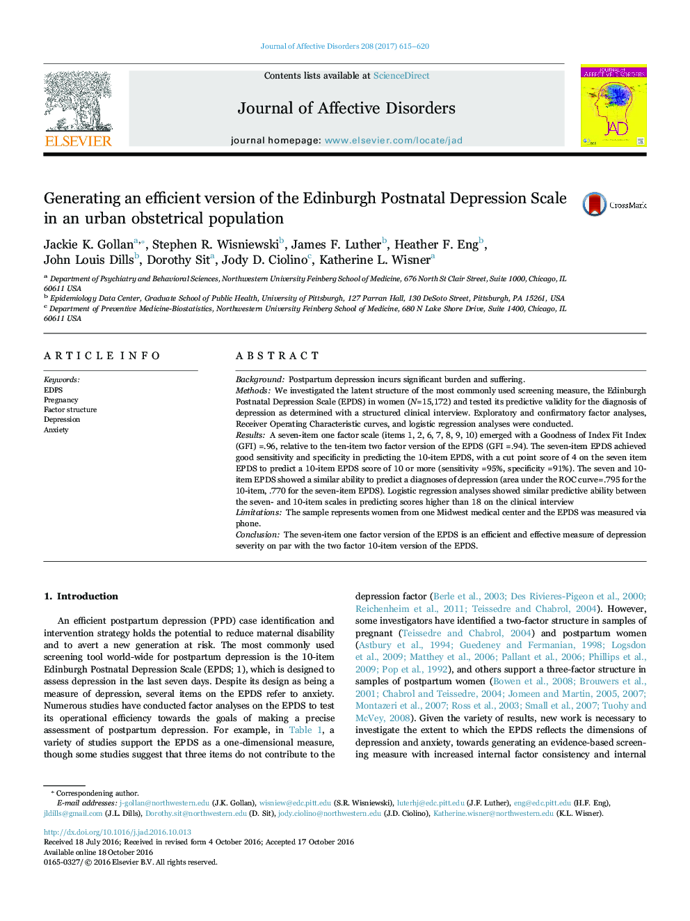 Generating an efficient version of the Edinburgh Postnatal Depression Scale in an urban obstetrical population