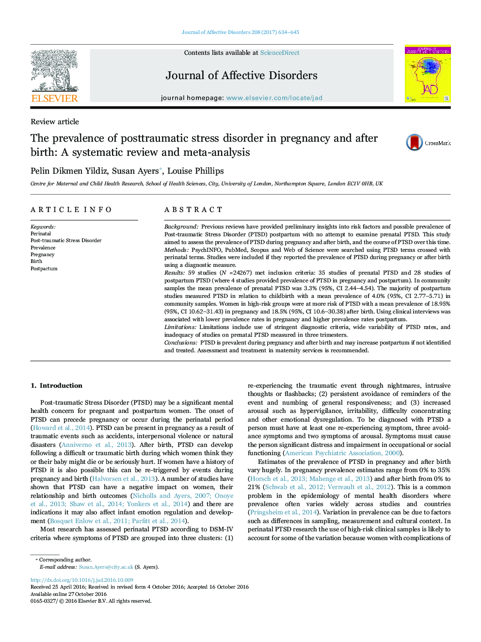 Review articleThe prevalence of posttraumatic stress disorder in pregnancy and after birth: A systematic review and meta-analysis