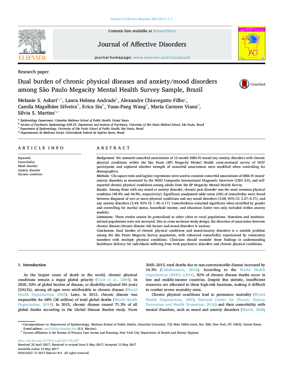 Research paperDual burden of chronic physical diseases and anxiety/mood disorders among SÃ£o Paulo Megacity Mental Health Survey Sample, Brazil