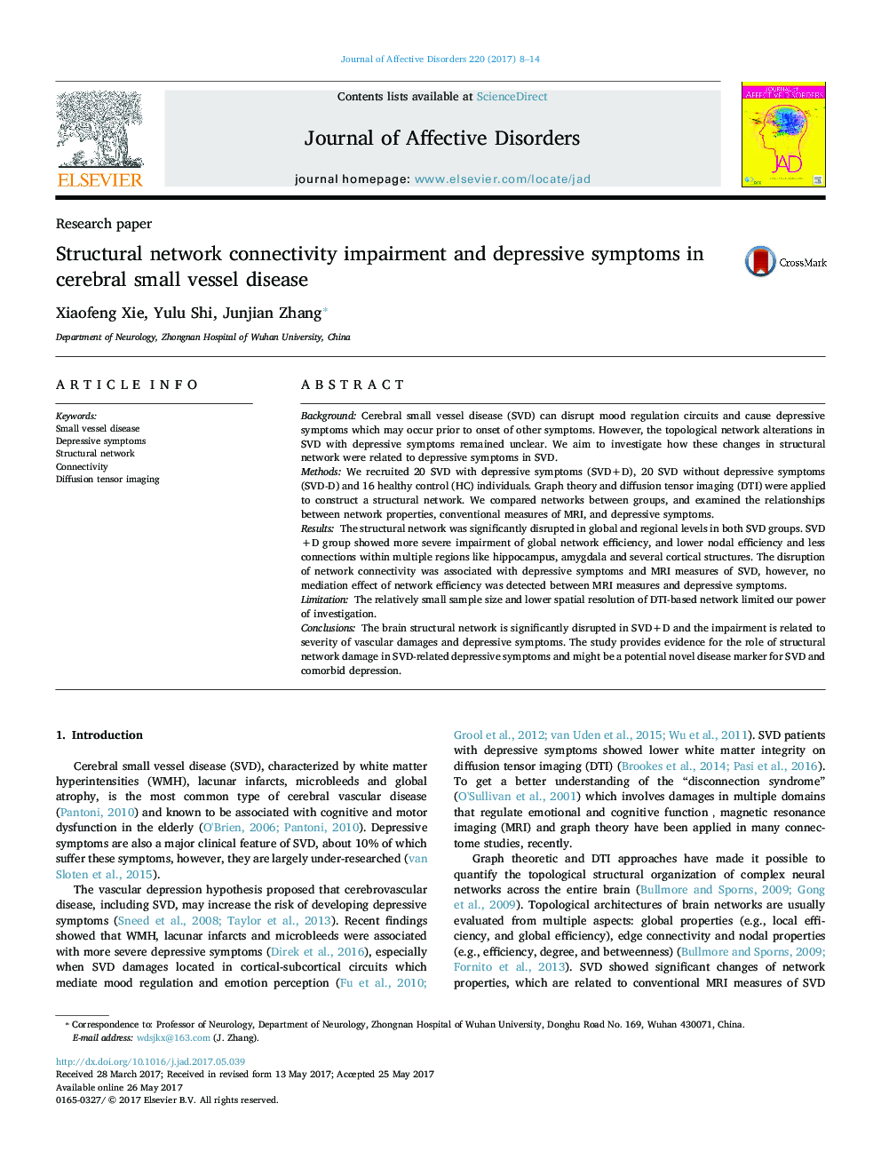 Research paperStructural network connectivity impairment and depressive symptoms in cerebral small vessel disease