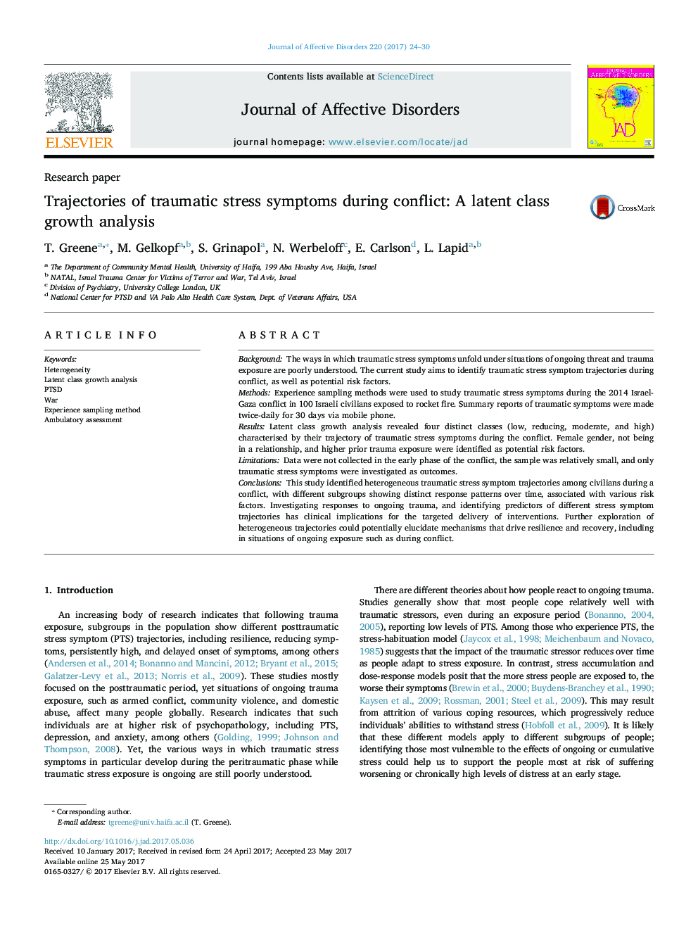 Research paperTrajectories of traumatic stress symptoms during conflict: A latent class growth analysis