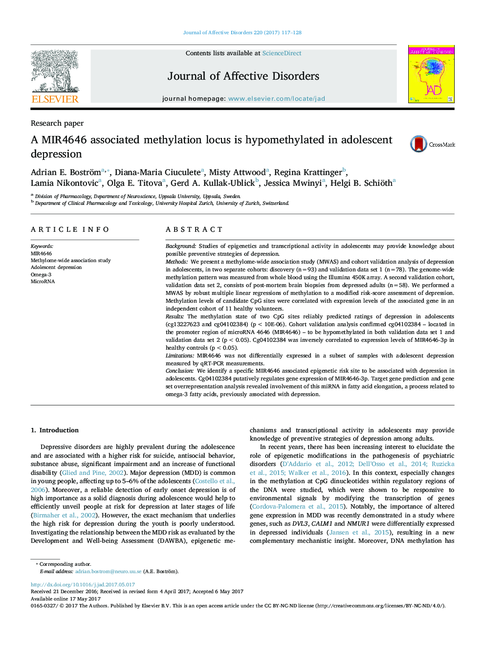 Research paperA MIR4646 associated methylation locus is hypomethylated in adolescent depression