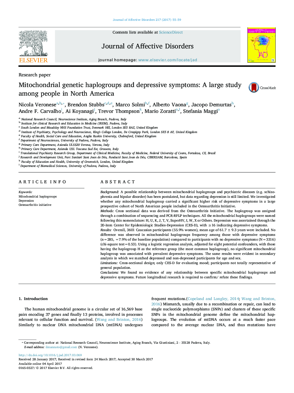 Research paperMitochondrial genetic haplogroups and depressive symptoms: A large study among people in North America