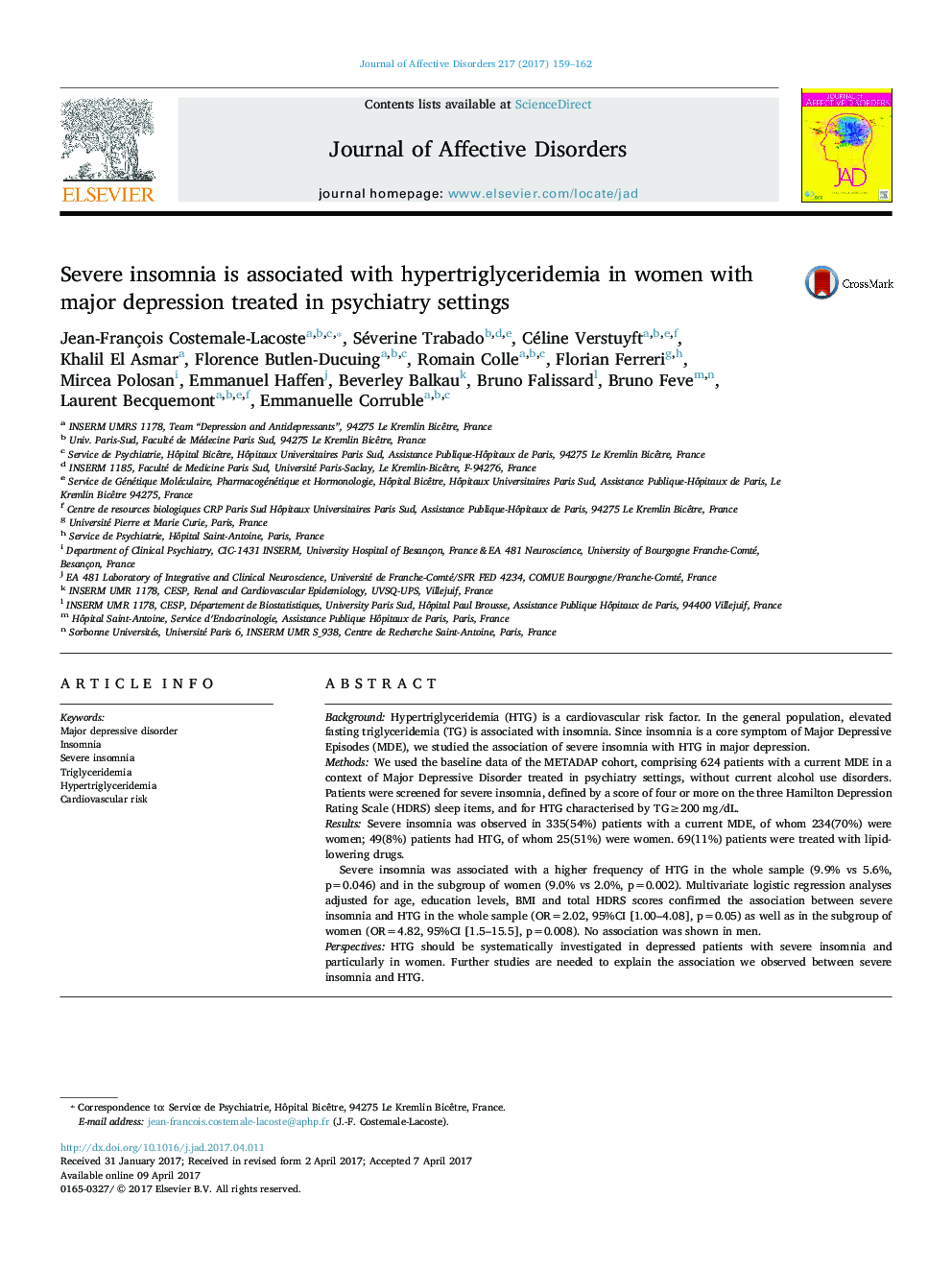 Severe insomnia is associated with hypertriglyceridemia in women with major depression treated in psychiatry settings