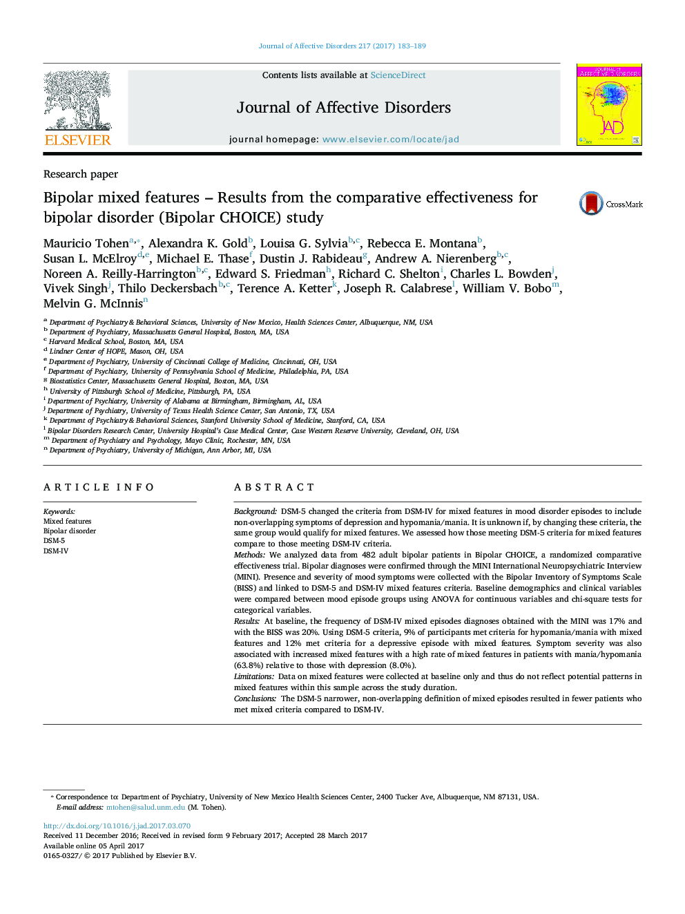 Research paperBipolar mixed features - Results from the comparative effectiveness for bipolar disorder (Bipolar CHOICE) study